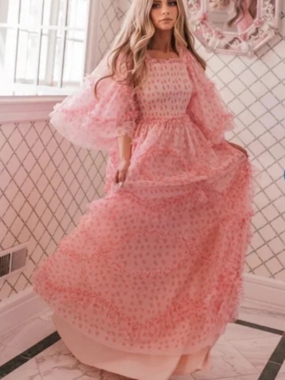 JessaKae Ever After Pink Floral Ruffle Maxi Dress Small Cottagecore Romantic